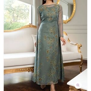 Lulusar Moss Green Floral Embroidered Sheer Organza Dress Overlay Womens Medium
